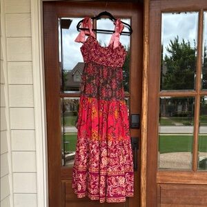 Free People Asymmetrical Ruffled Maxi Dress Red and Pink
